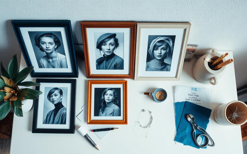 Framed portrait pictures and art supplies on a white table