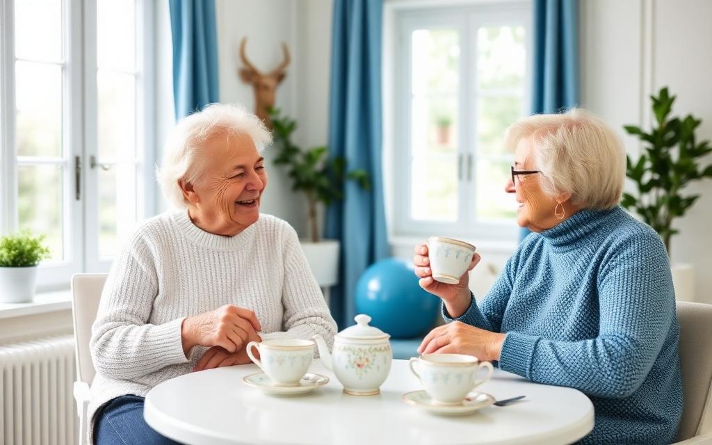 Two older friends chatting over tea