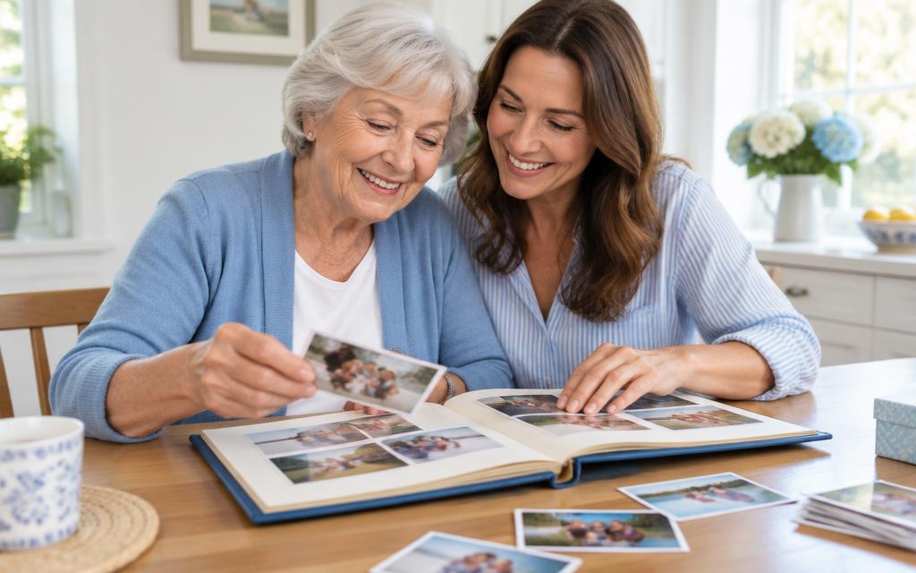 Mother and daughter arranging family photographs in a memory album