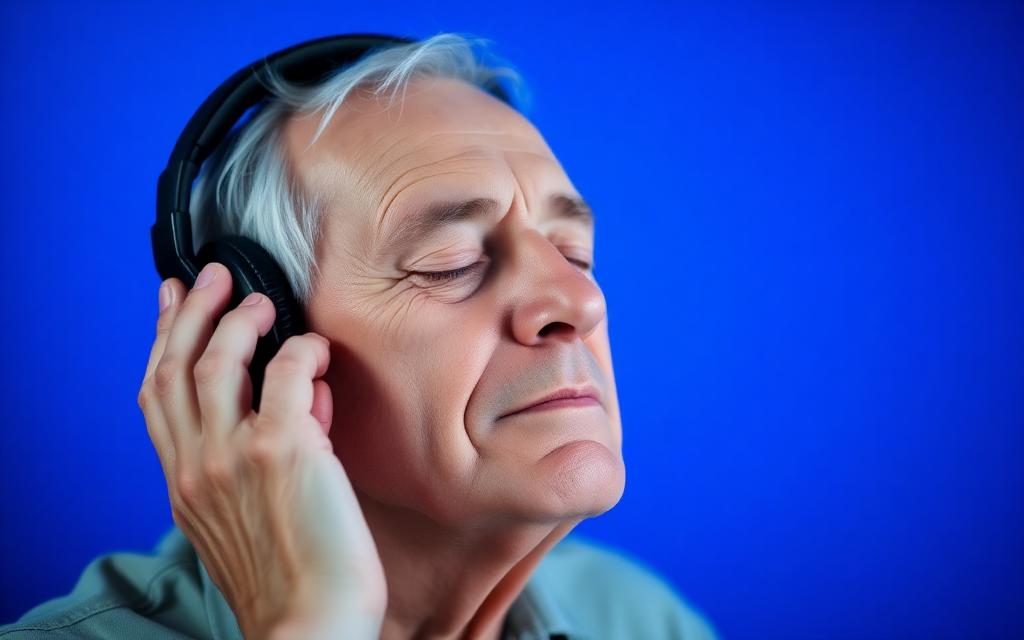 Older man listening to music with headphones