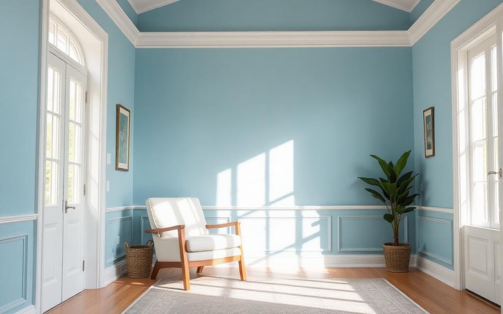 Light blue living room with a comfortable armchair