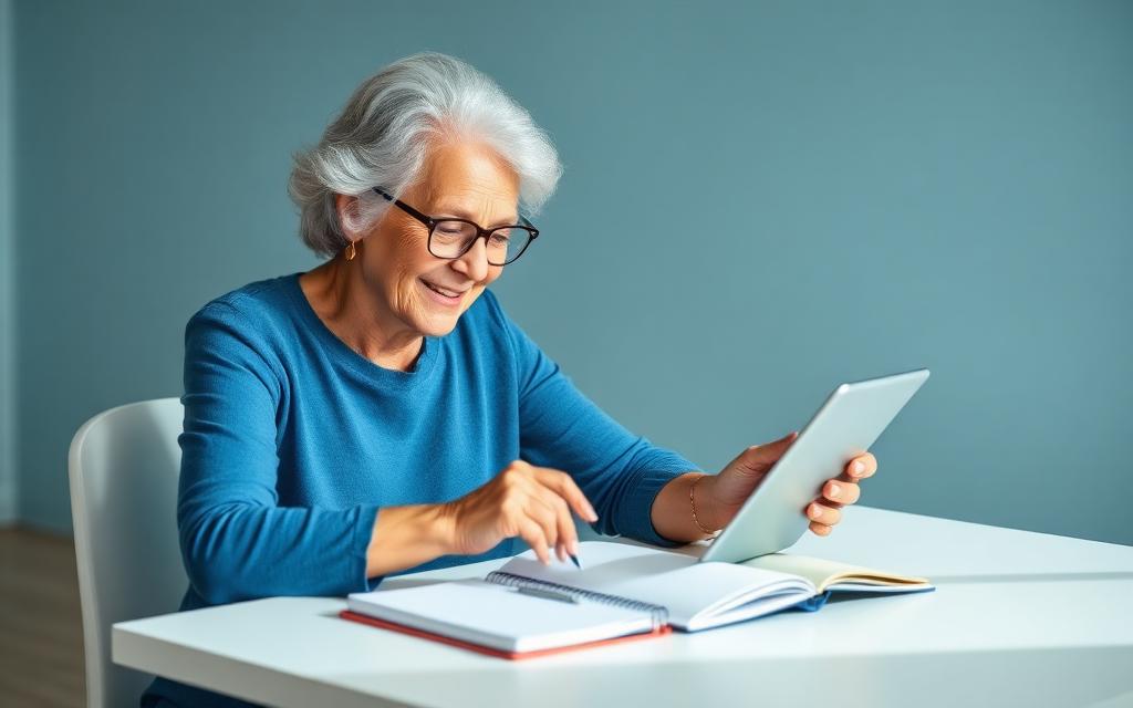 Older woman learning on a tablet with a notebook