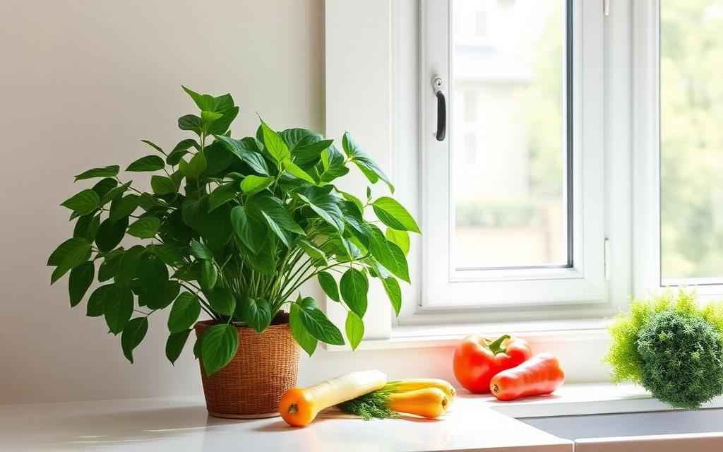 House plant and fresh vegetables on a bright kitchen counter