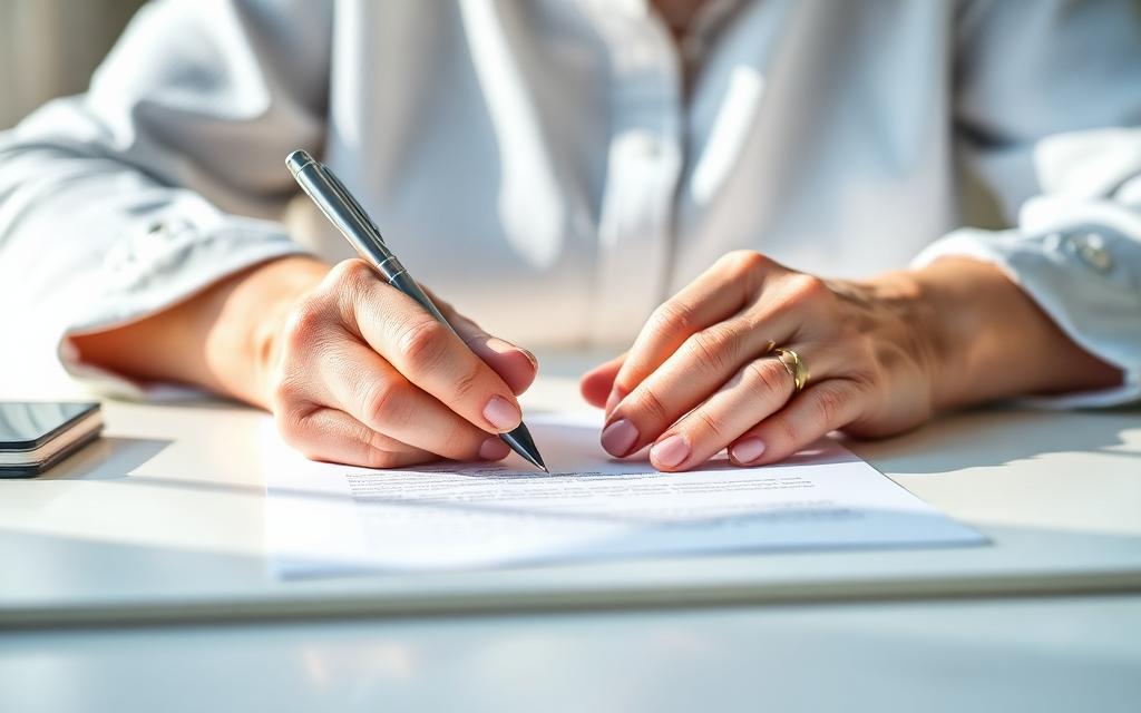 Older hands writing a letter at a sunny desk