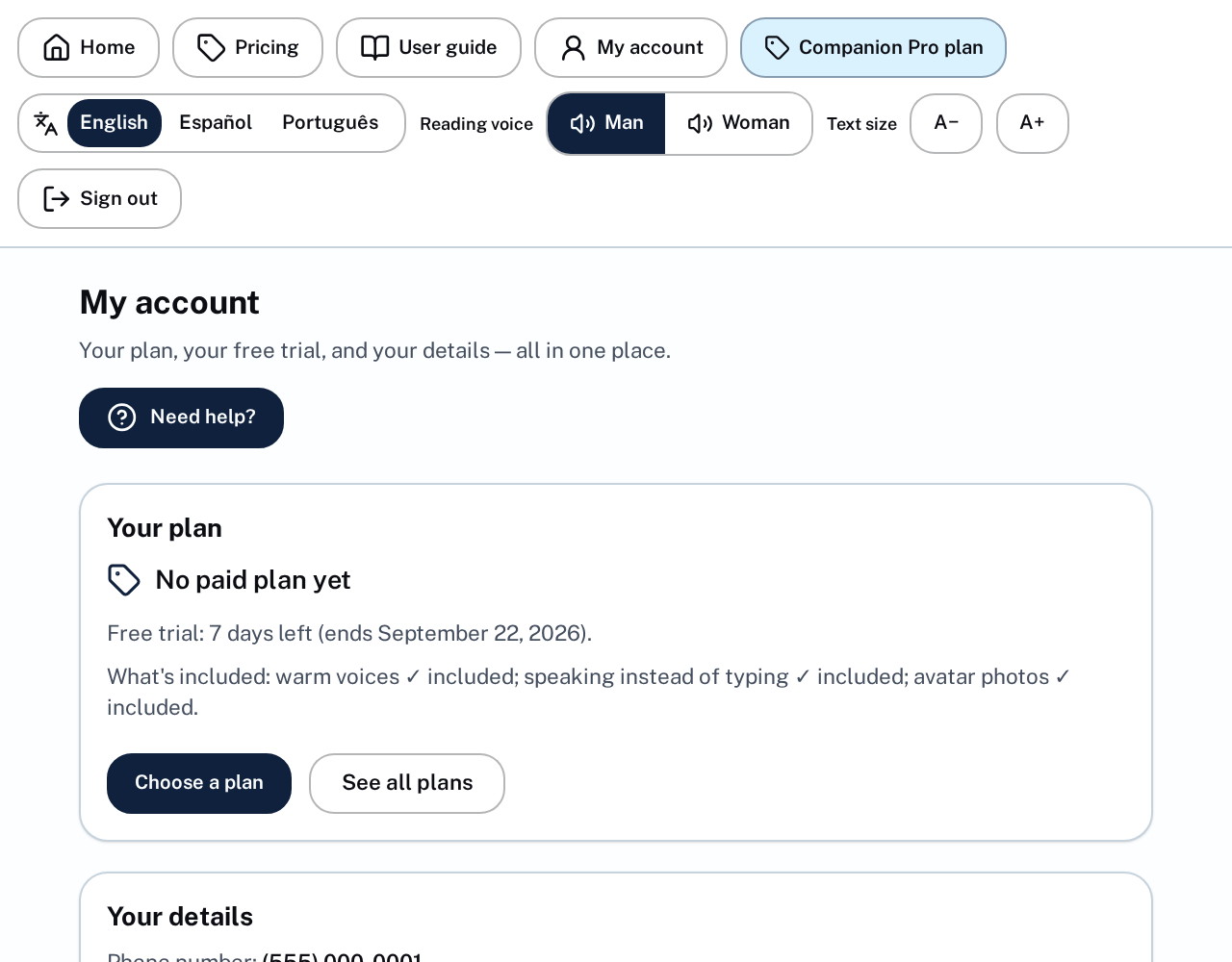 The My account page.